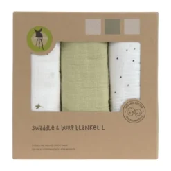 Lässig Swaddle & Burp L Multidoek - GOTS - 3pcs - 85 x 85 cm - Leave Olive