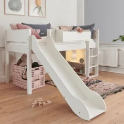 Manis-h Combinatie Halfhoogslaper Met Lattenbodem En Glijbaan - LOKE - 90x200 cm