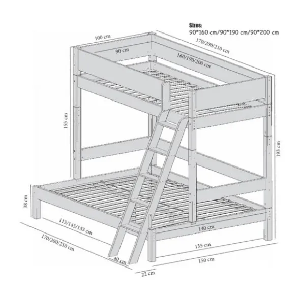 Manis-h VALE Combinatie Familiebed Met Lattenbodem 140 cm + 90 cm